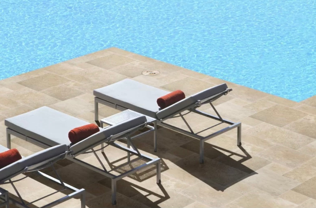 Light Walnut Travertine paver in Versailles pattern with tumbled finish


