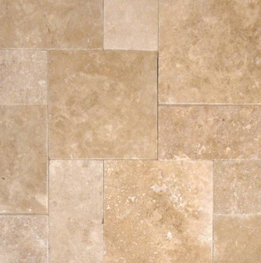 Light Walnut Travertine paver in Versailles pattern with tumbled finish