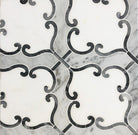 Flat lay of Thassos White Lyon waterjet mosaic tile with polished marble finish