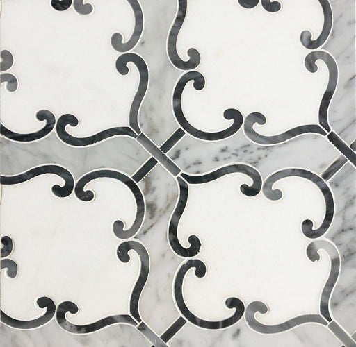 Flat lay of Thassos White Lyon waterjet mosaic tile with polished marble finish
