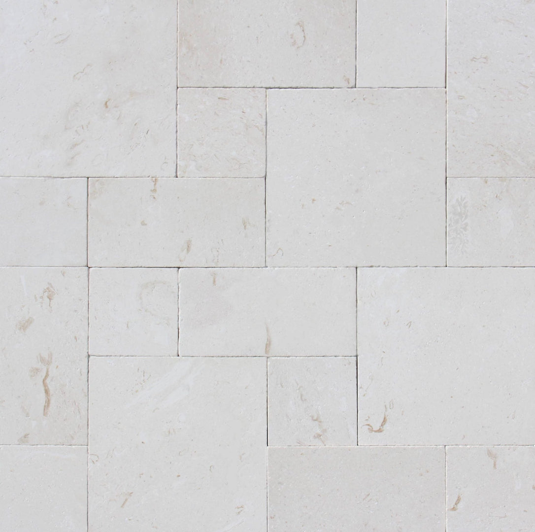 Mayra White Limestone pavers in Roman pattern with tumbled finish