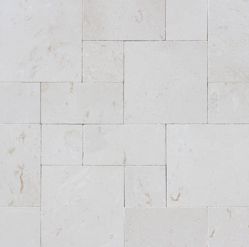Mayra White Limestone pavers in Roman pattern with tumbled finish