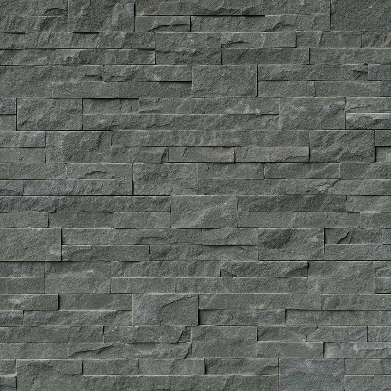 Flat lay of Mountain Blue sandstone stacked stone panel with blue-grey tones