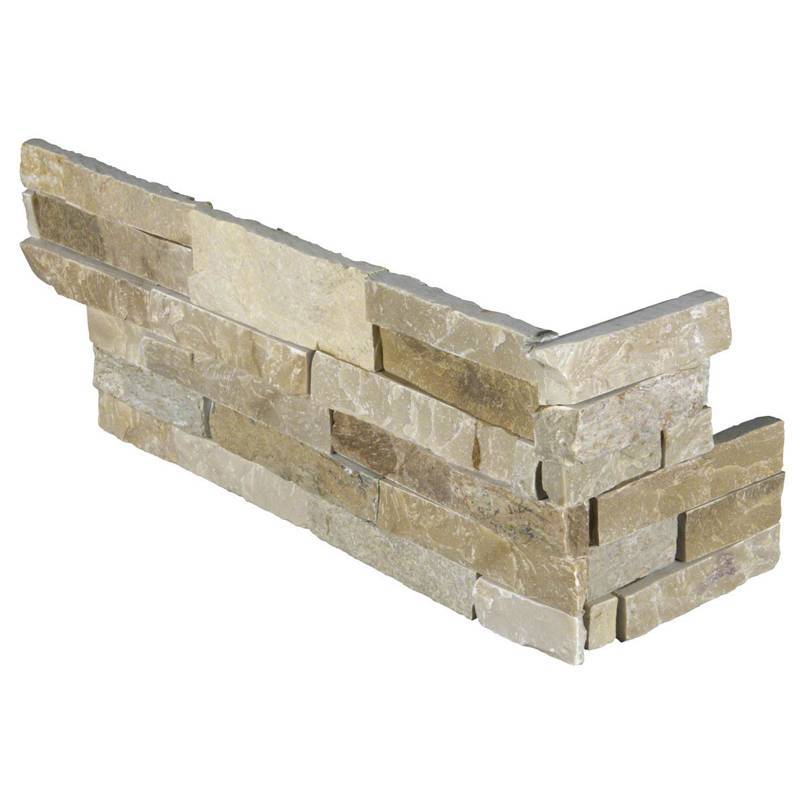 Flat view of Nevada Gold Quartzite Stacked Stone Corner in split face finish, 6x18x6