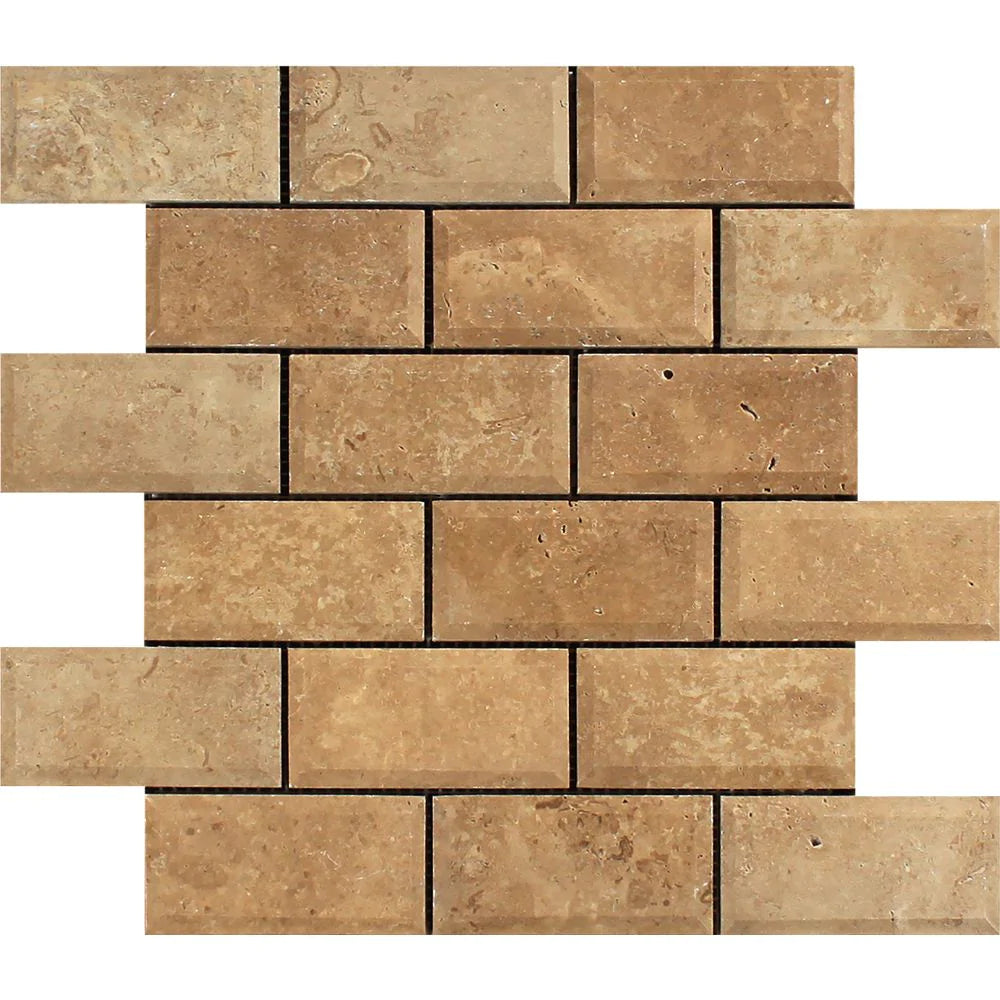 Deep Bevelled Honed Noce Travertine Mosaic 2x4