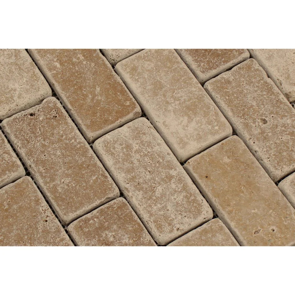 Close-up of 2x4 Noce Travertine tumbled texture