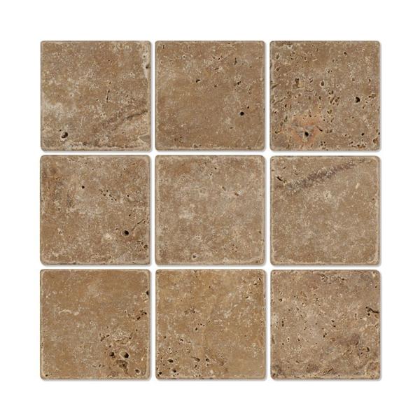 Noce Travertine 4x4 rustic tumbled tile close-up