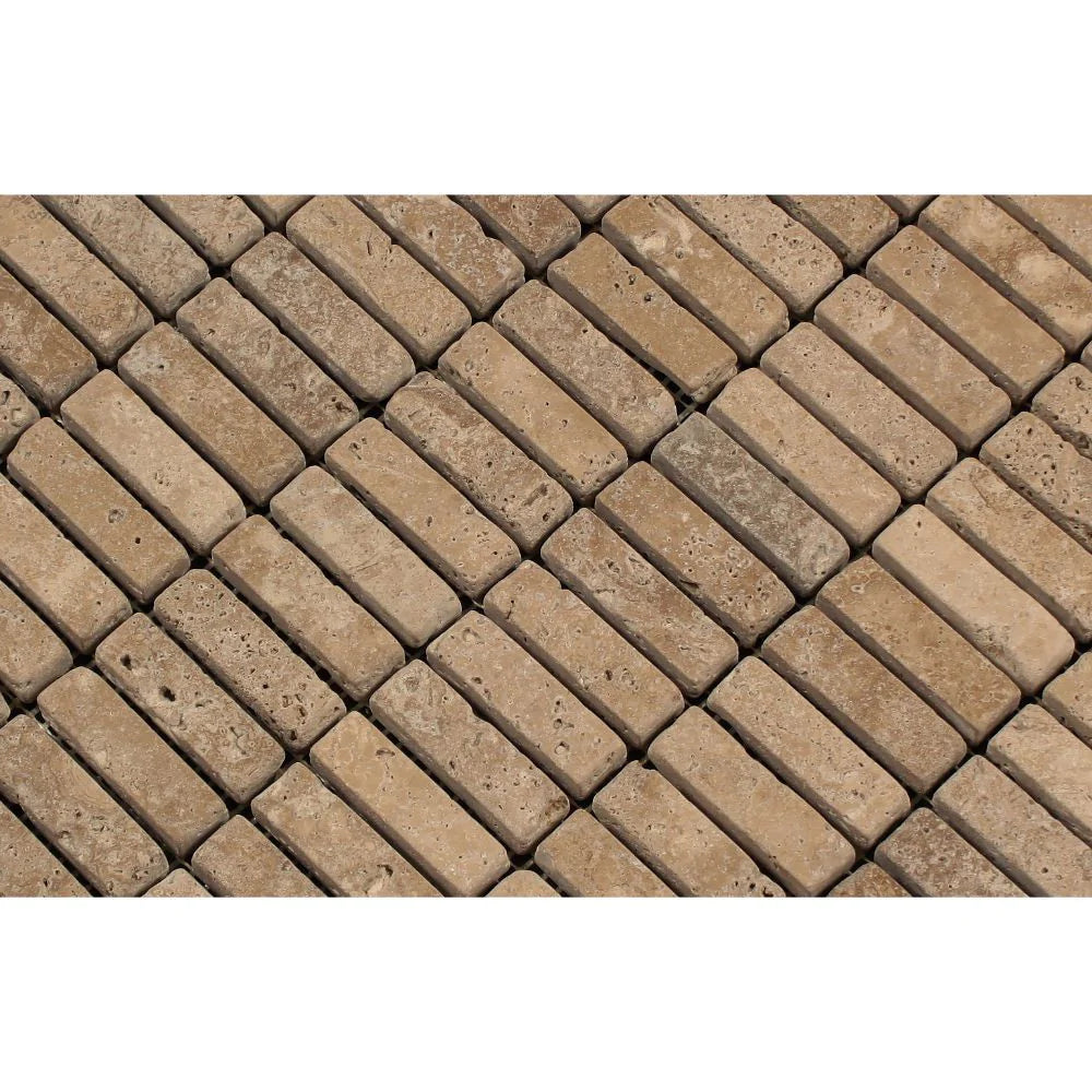 Detailed view of Noce Travertine 5/8x2 mosaic texture