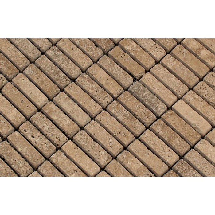 Detailed view of Noce Travertine 5/8x2 mosaic texture