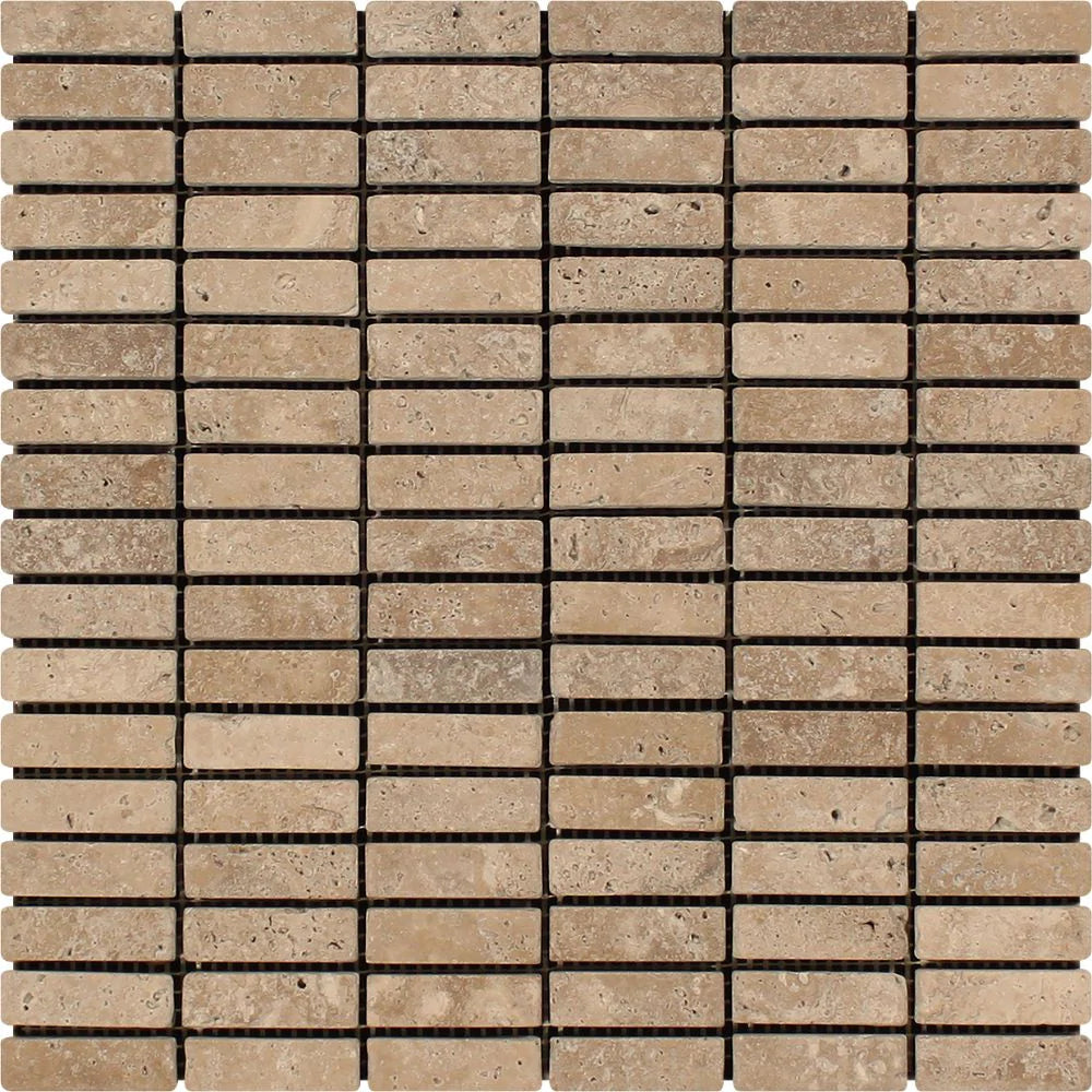 Noce Travertine 5/8x2 Tumbled Mosaic sheet with deep brown tones