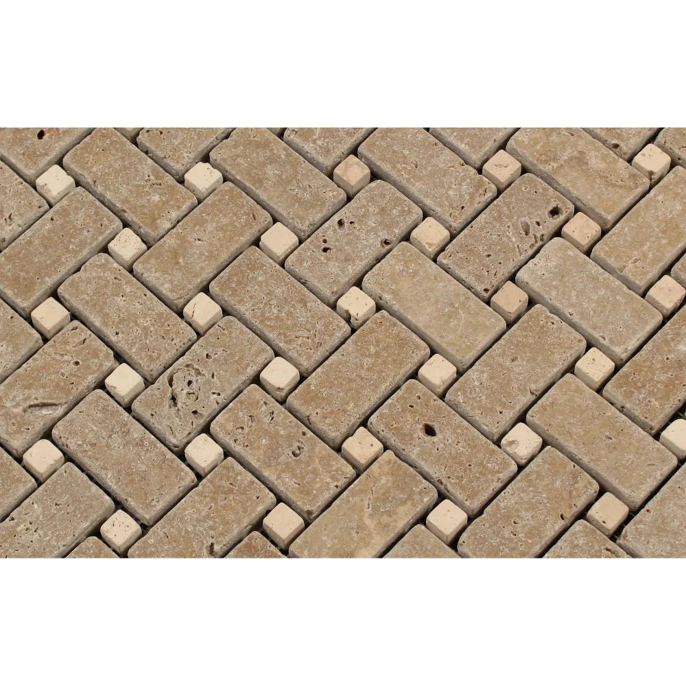 Woven layout of Noce Travertine Basketweave mosaic