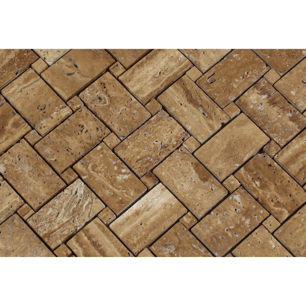 Cream and ivory basketweave travertine tile
