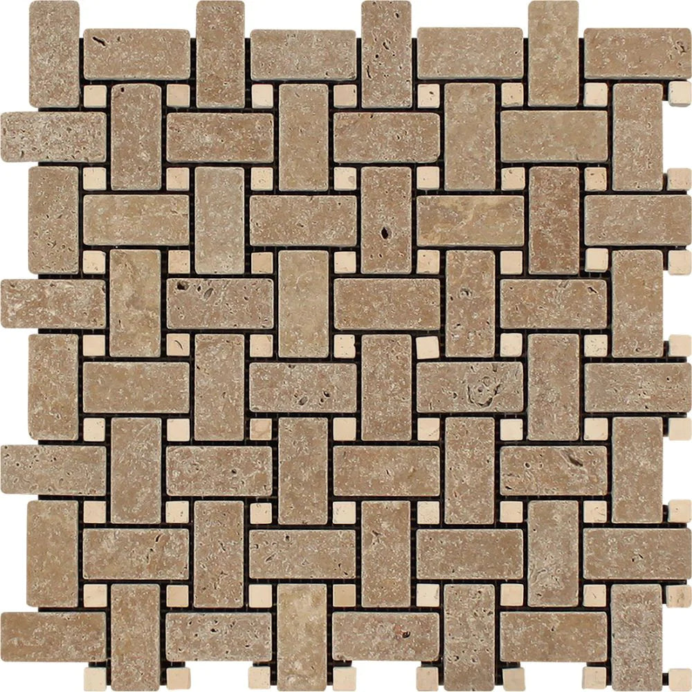 Noce Travertine Basketweave Tumbled Mosaic sheet
