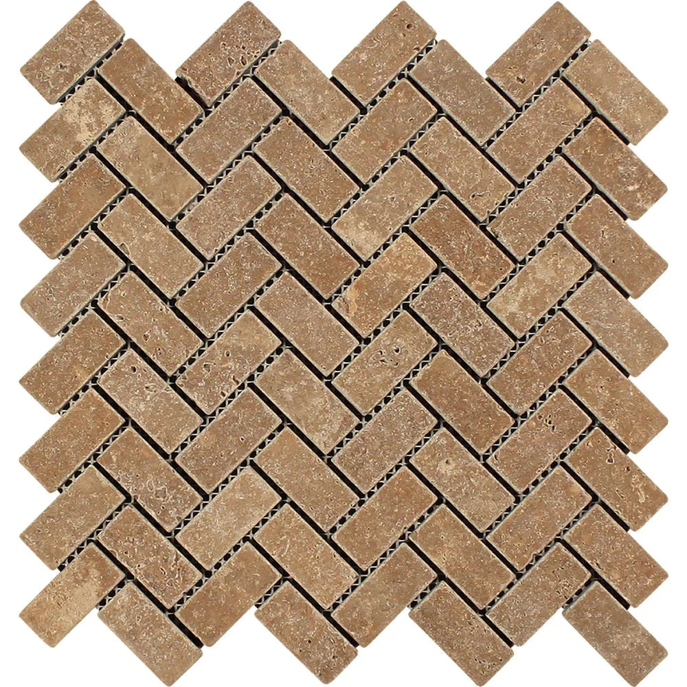 Noce Travertine 1x2 Herringbone Tumbled Mosaic