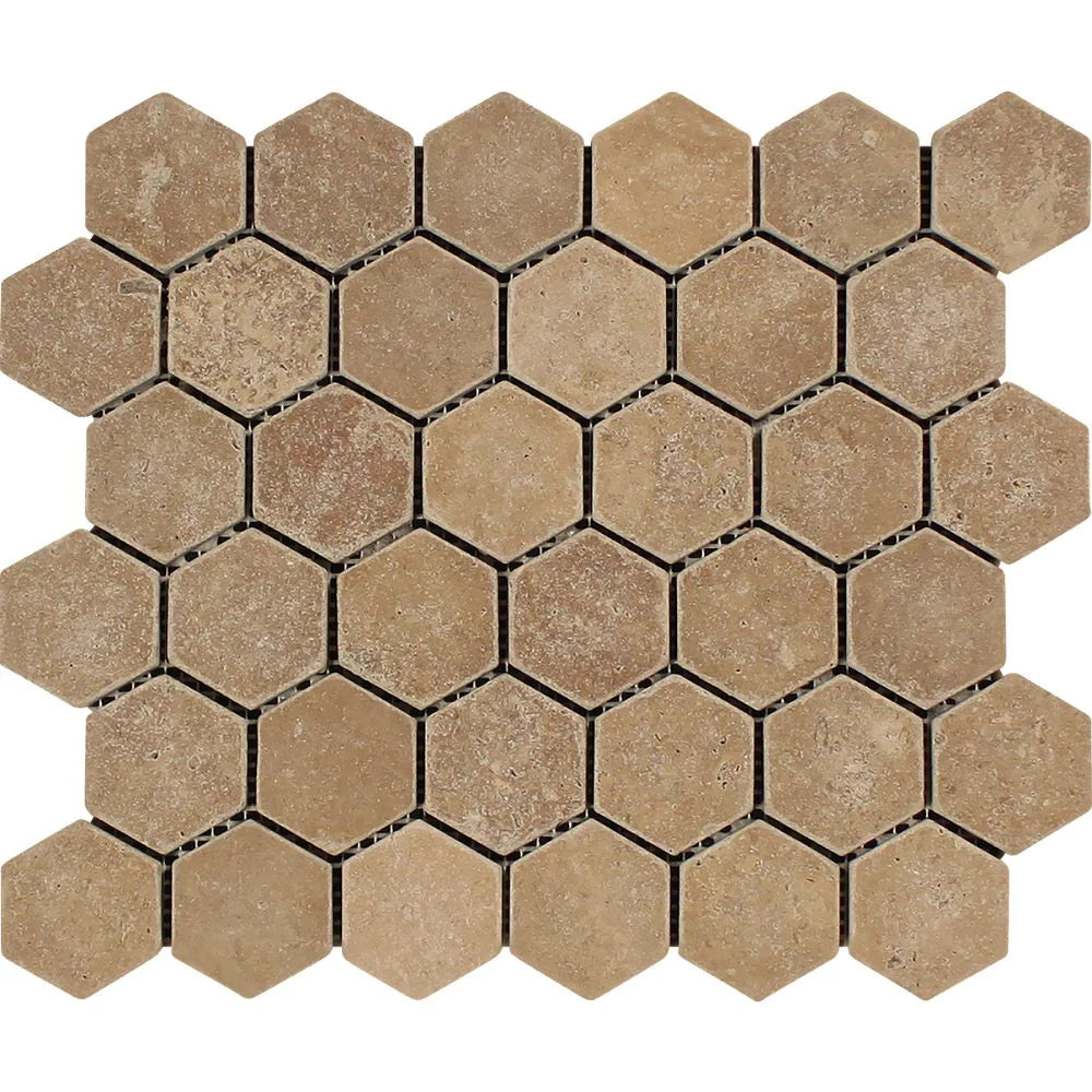 Hexagon Tumbled Noce Travertine Mosaic 2x2