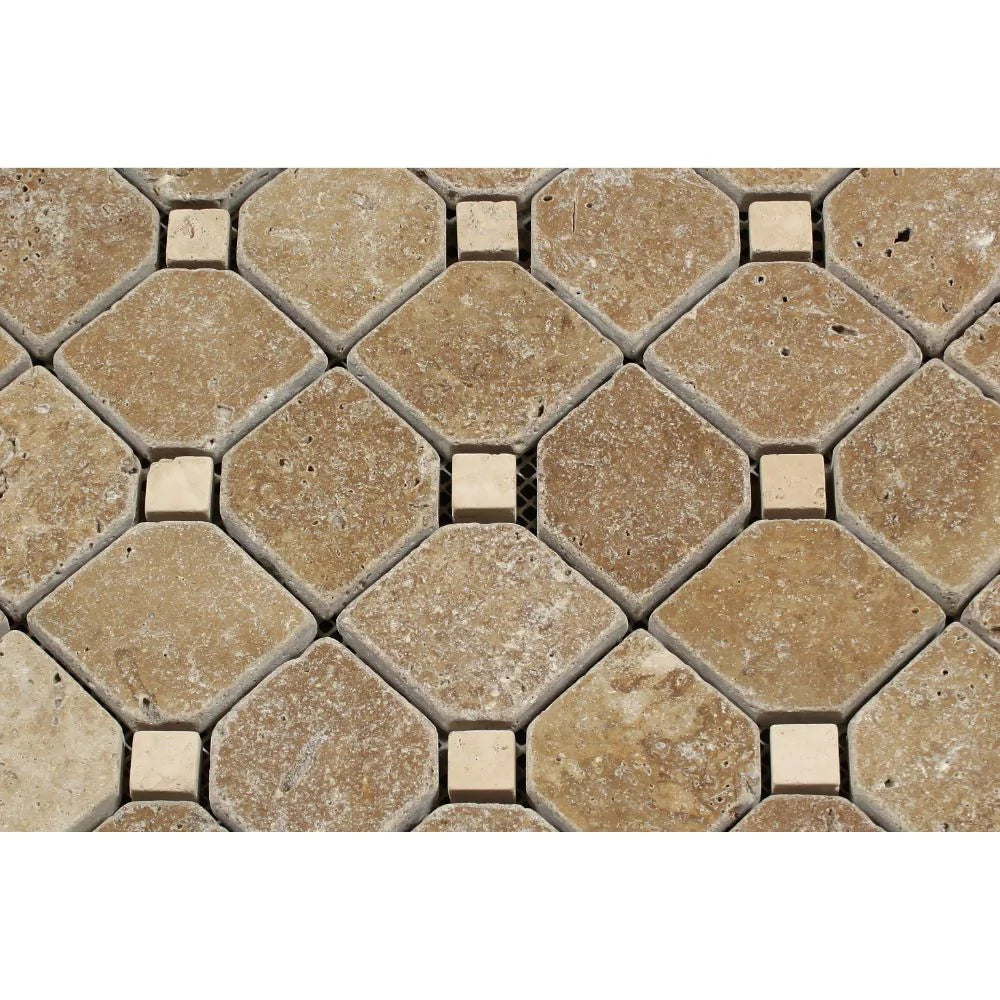 Textured surface of Noce Travertine Octagon pattern