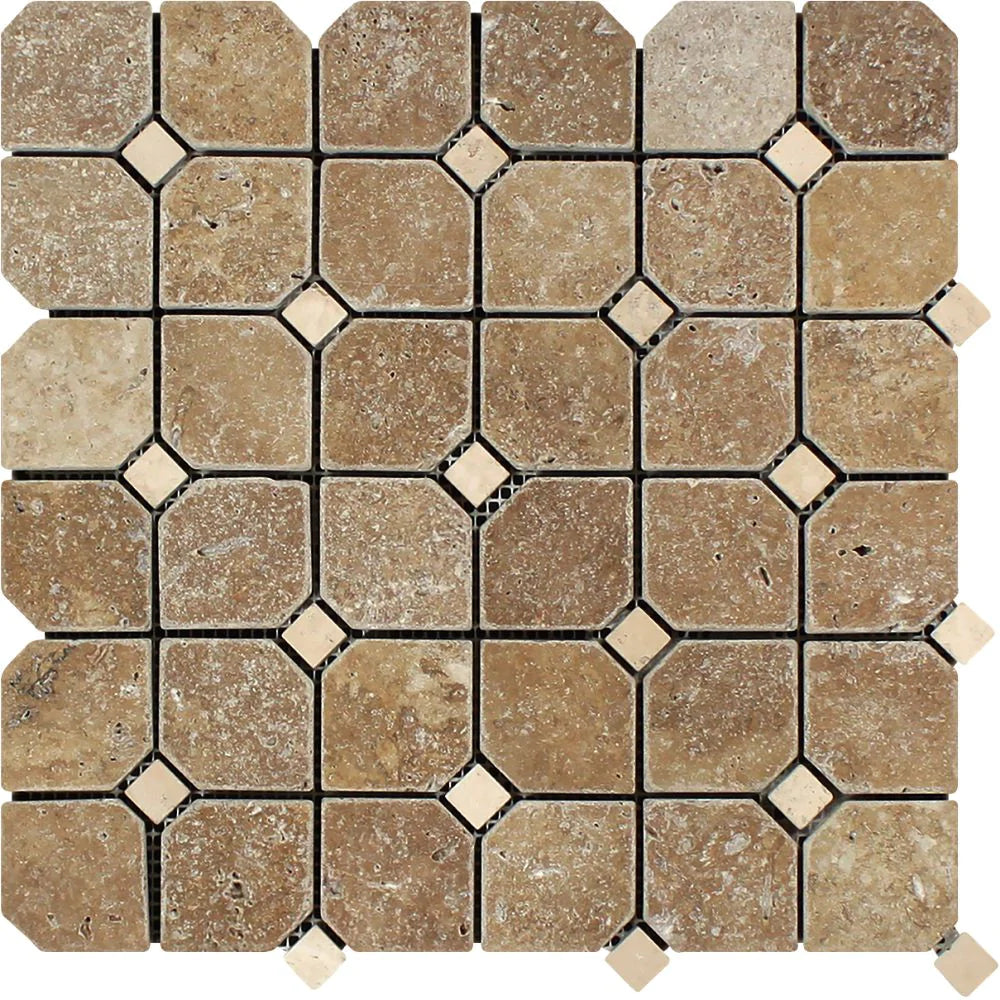 Noce Travertine Octagon Tumbled Mosaic full sheet