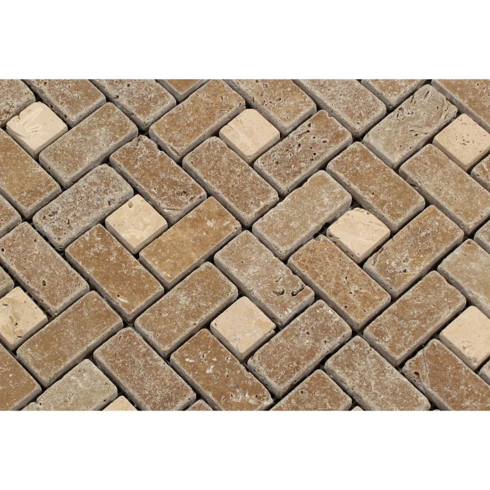 Detailed texture of tumbled Noce Travertine in pinwheel layout