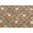 Detailed texture of tumbled Noce Travertine in pinwheel layout