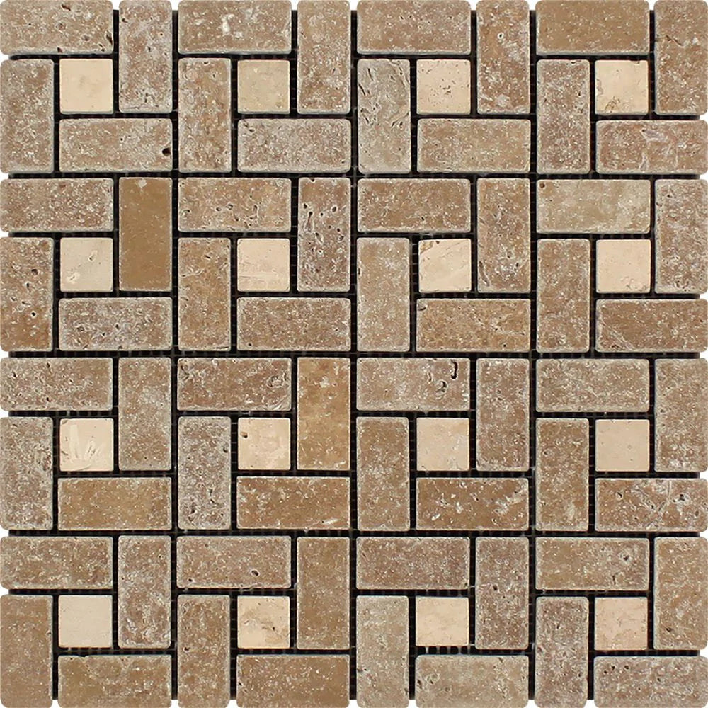 Top-down view of Noce Travertine Pinwheel Mosaic with tumbled chocolate tiles