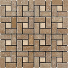 Top-down view of Noce Travertine Pinwheel Mosaic with tumbled chocolate tiles
