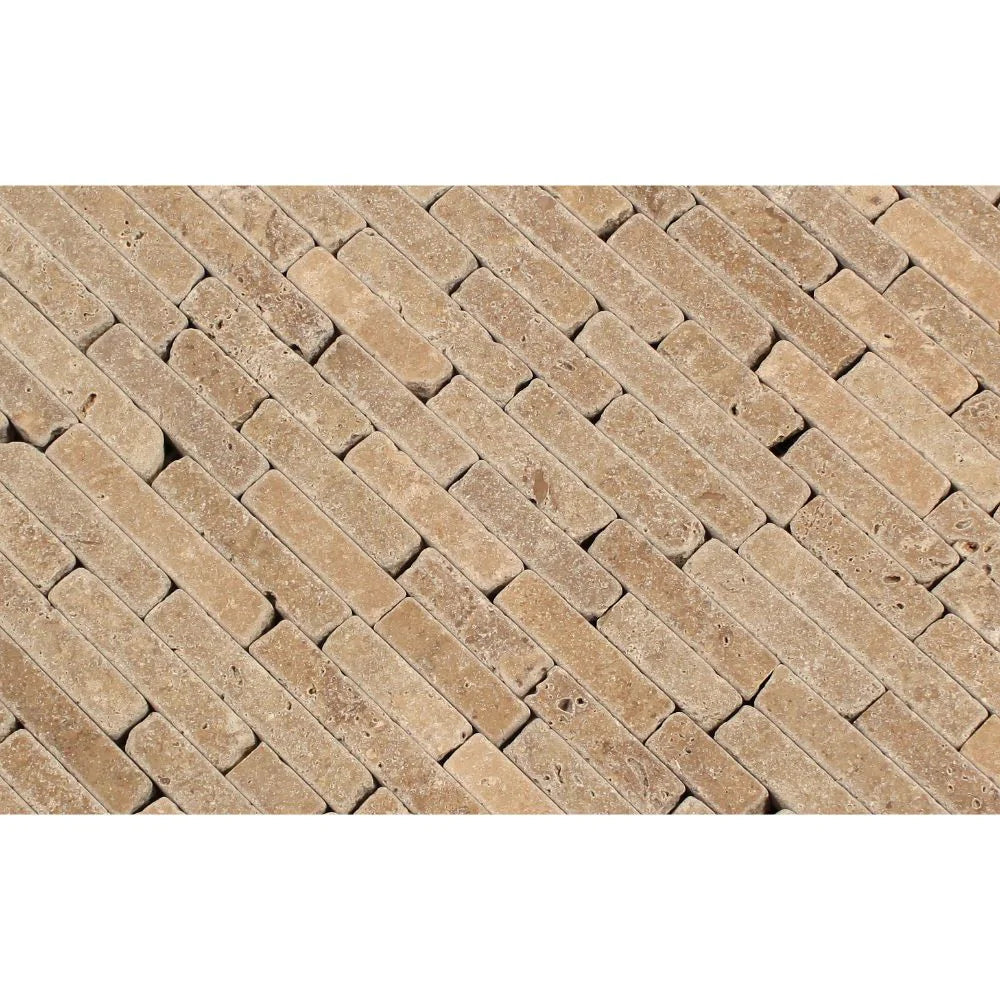 Detailed view of Noce Travertine strip layout and texture