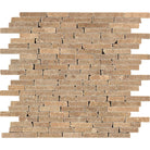 Noce Travertine Random Strip Mosaic with tumbled finish and rich brown tones
