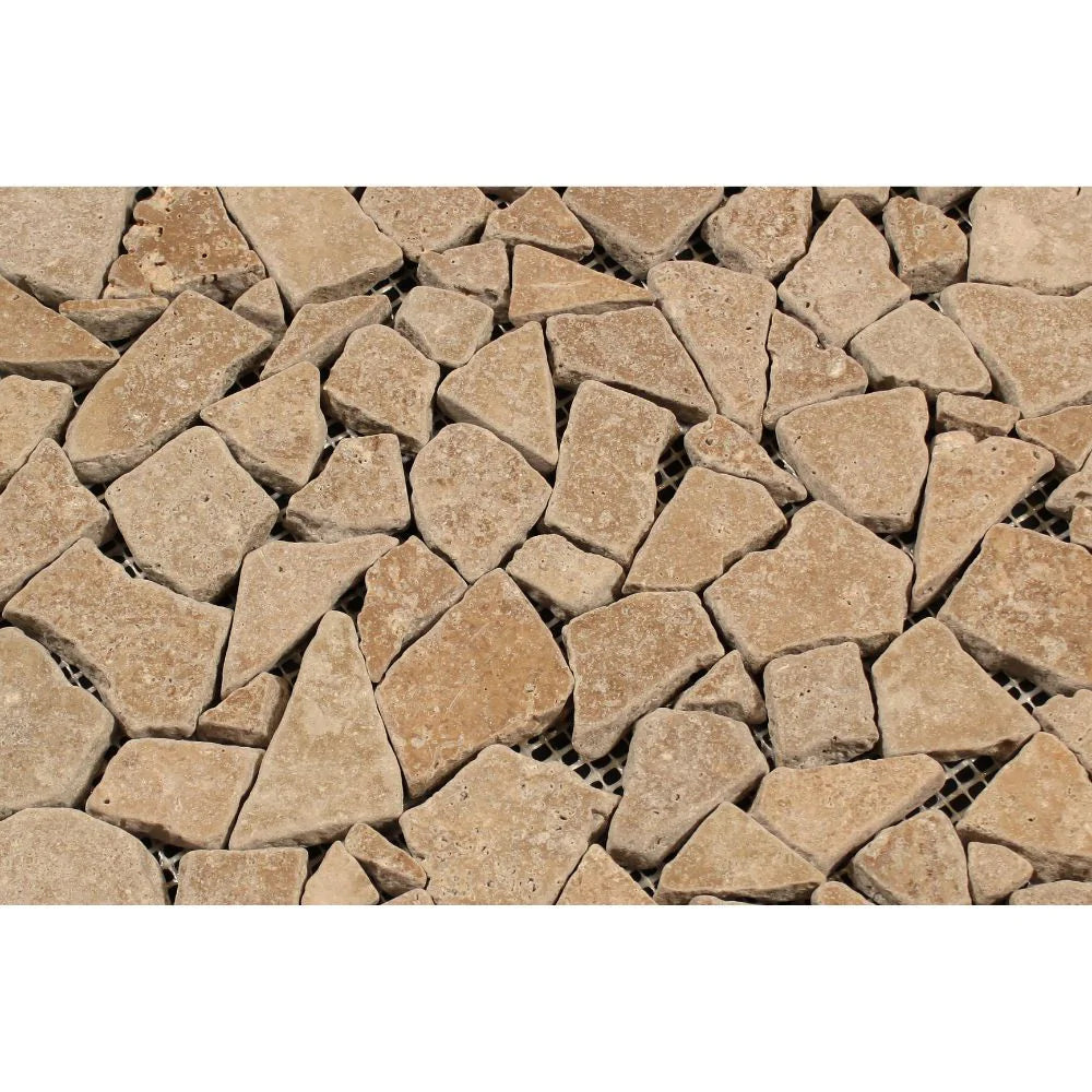 Tumbled Noce Travertine random mosaic close-up showing aged surface and layout
