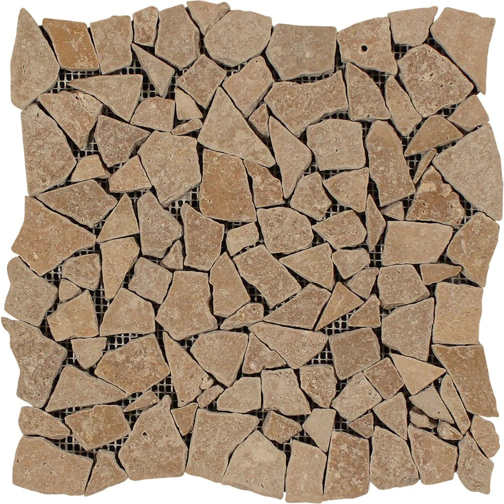 Noce Travertine Random Tumbled Mosaic with brown stone texture