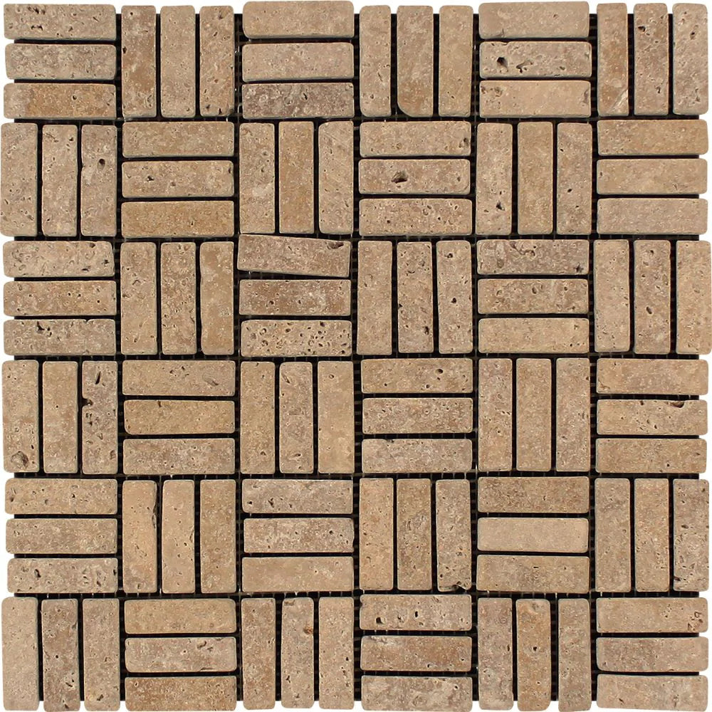 Flat view of Noce Travertine 5/8x2 Triple Strip Mosaic in tumbled finish