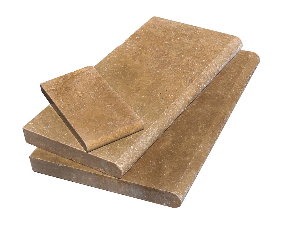 Flat view of Noche Toros Travertine Pool Coping with bullnose edge and tumbled finish