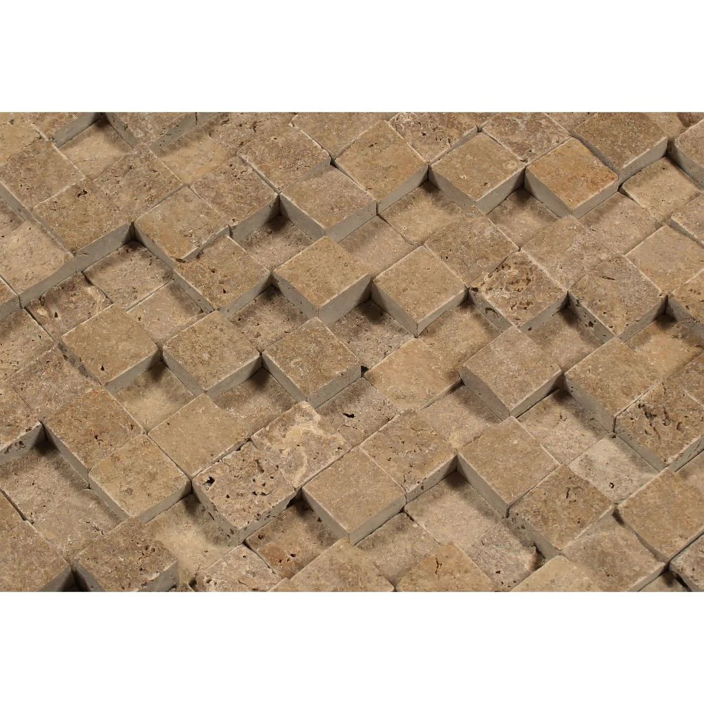 Close-up of Noche Travertine Mosaic showing textured splitface surface