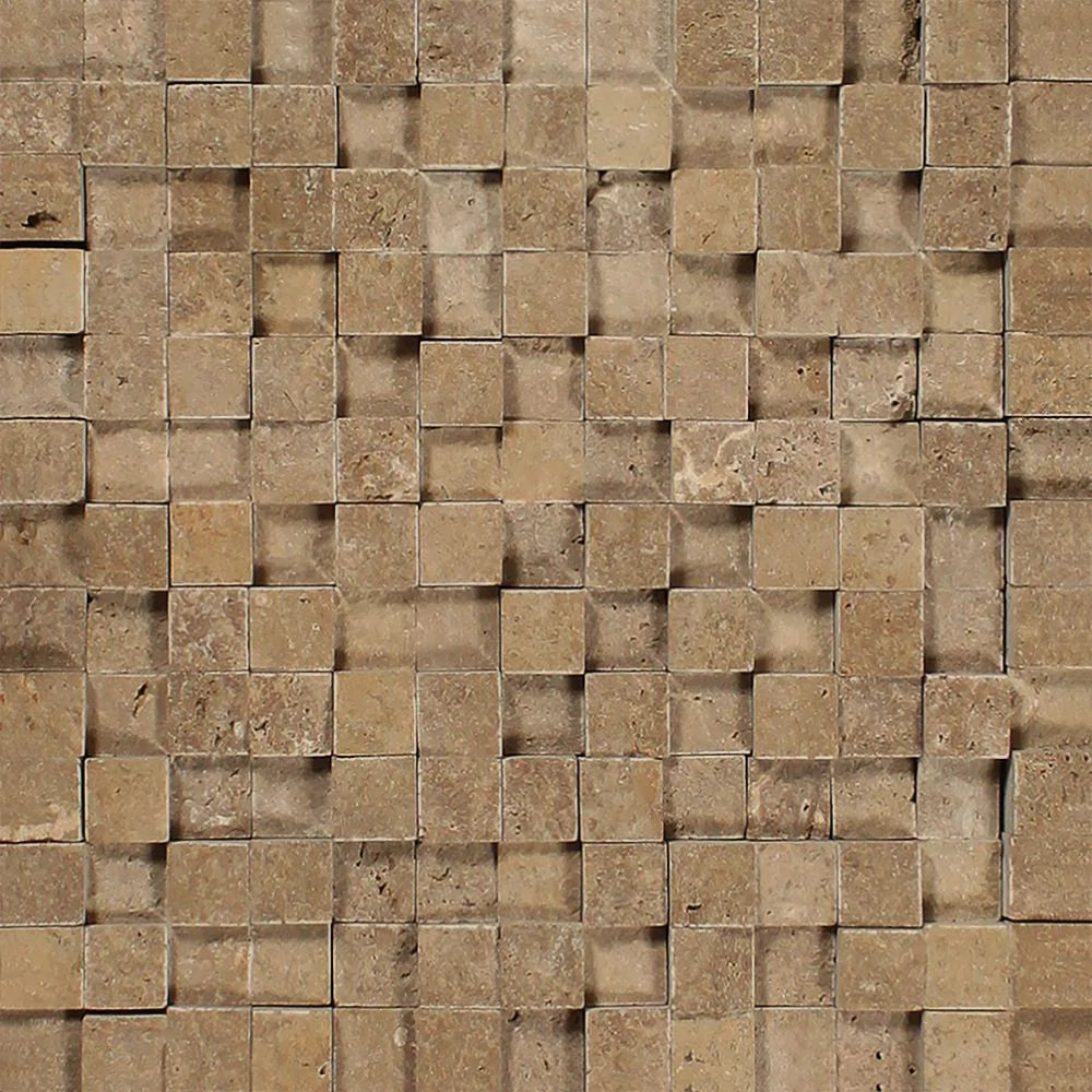 Flat view of Noche Travertine 3D Splitface Mosaic, 1"x1", brown and chocolate hues