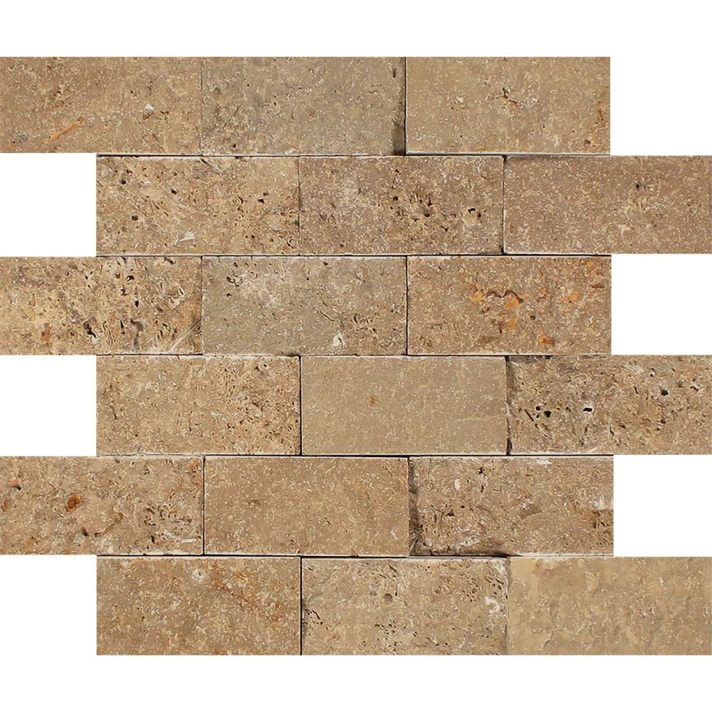 Flat view of Noche Travertine 2x4 Split Face Mosaic, 12x12 mesh sheet in chocolate tones