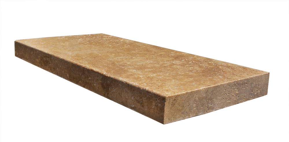 Close-up of modern edge profile on Noche Travertine coping in deep walnut tones
