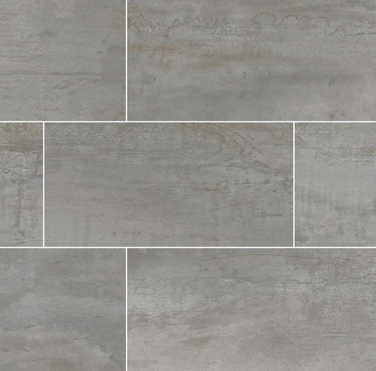 Flat lay of Oxide Magnetite porcelain tile showing gray tones and metallic sheen