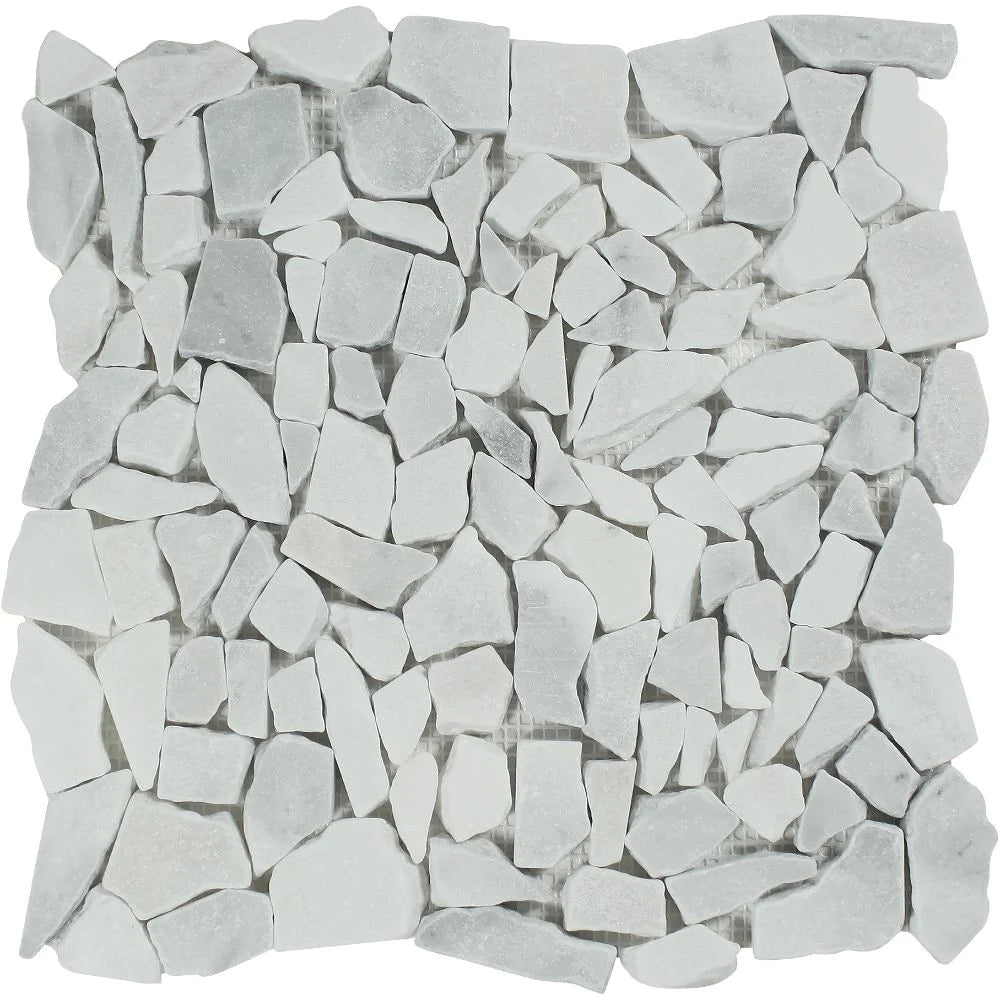 Flat view of Paledian Bianco Mare Marble Tumbled Mosaic Tile, 12x12 mesh sheet in beige and ivory