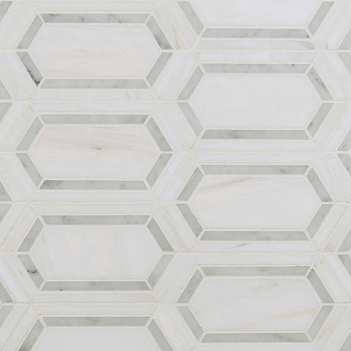 Close-up view showing polished marble texture and fine picket waterjet design