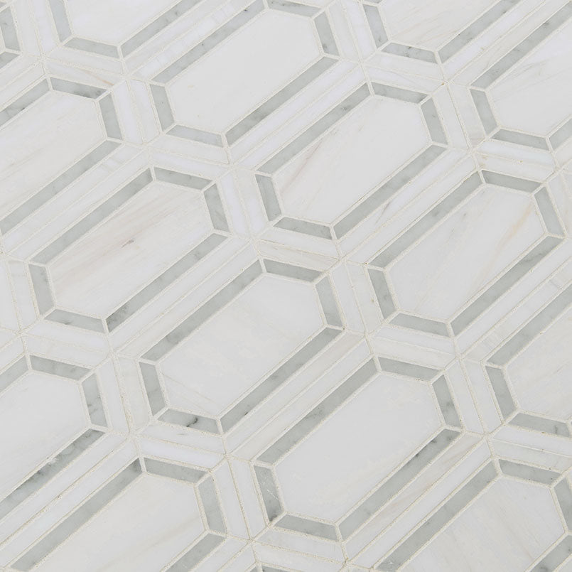 Flat lay of Pavilion Picket waterjet mosaic tile in gray and white polished marble