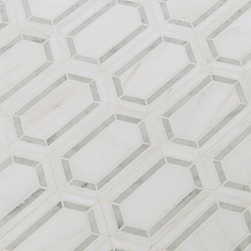 Flat lay of Pavilion Picket waterjet mosaic tile in gray and white polished marble