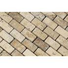 1x2 tumbled brick pattern in neutral travertine tones