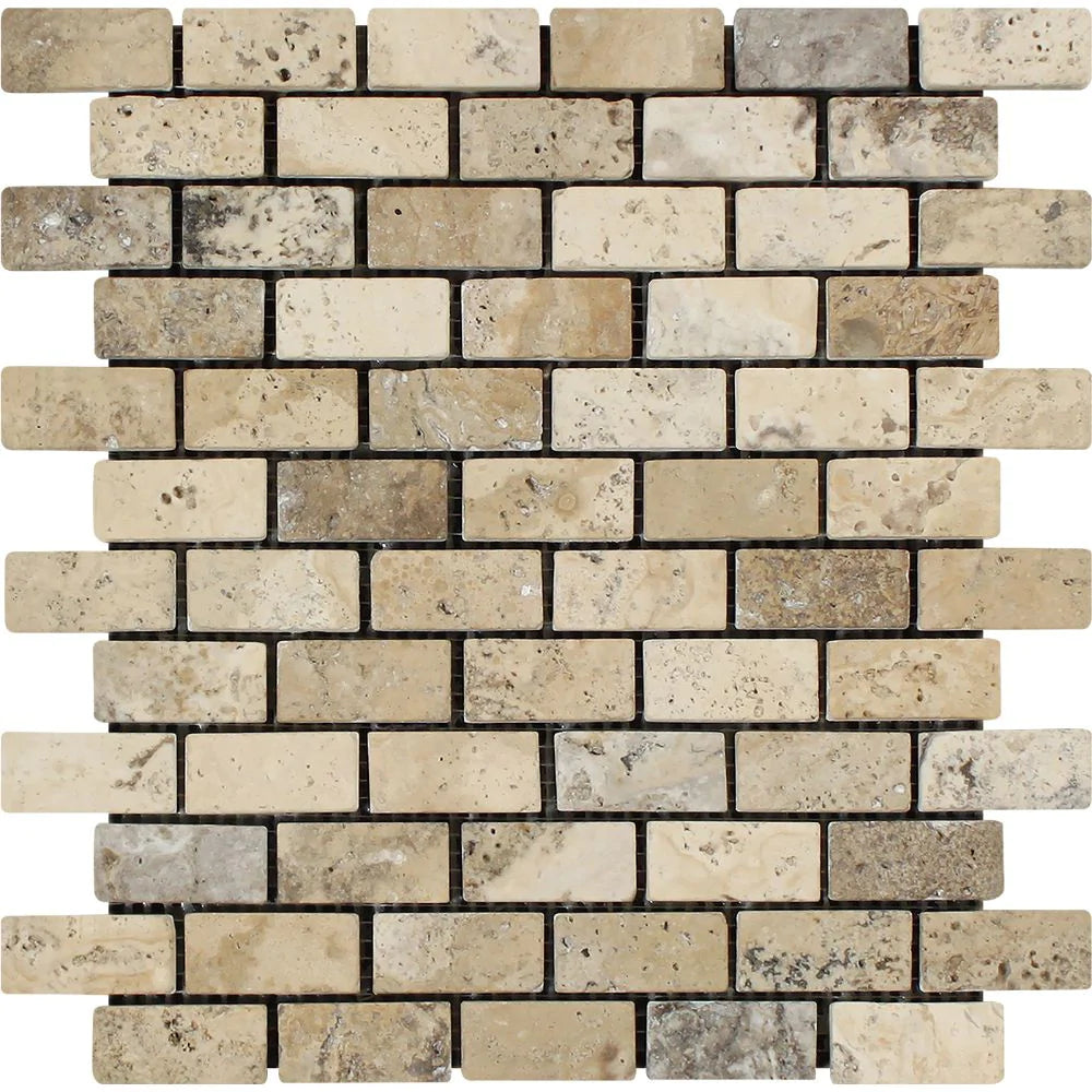 Philadelphia Brick Tumbled Travertine Mosaic 1x2