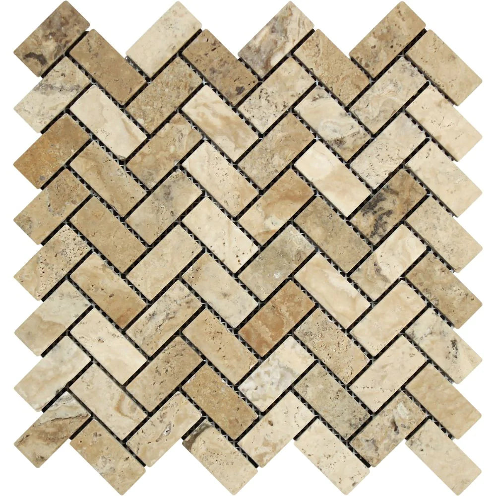 Philadelphia Herringbone Tumbled  Travertine Mosaic 1x2