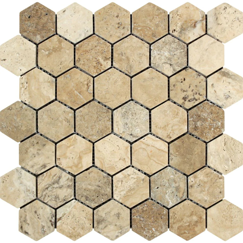 Philadelphia 2in Hexagon Tumbled Travertine Mosaic