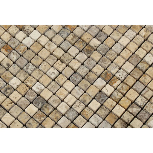 Textured finish of tumbled 5/8x5/8 Philadelphia Travertine mosaic