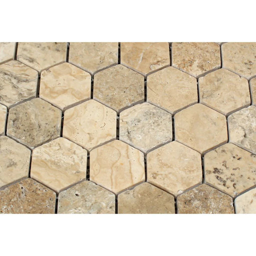 Tumbled surface and edges of Philadelphia 2 inch hex travertine