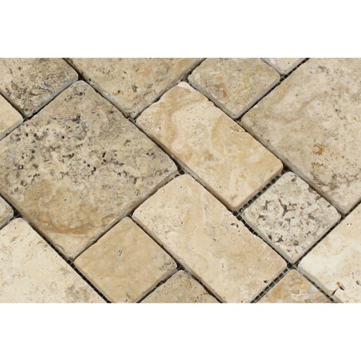 Close-up of tumbled mini pattern mosaic in Philadelphia travertine
