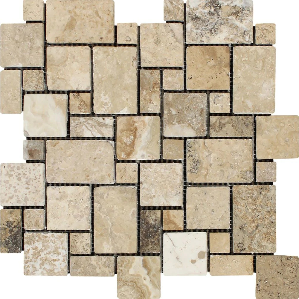 Philadelphia Mini Pattern Interlocking Tumbled Travertine Mosaic
