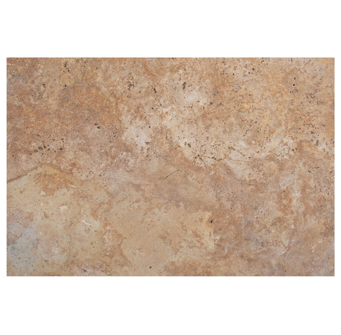 Close-up of Porcini Travertine showing warm cream and salmon tones with bullnose edge