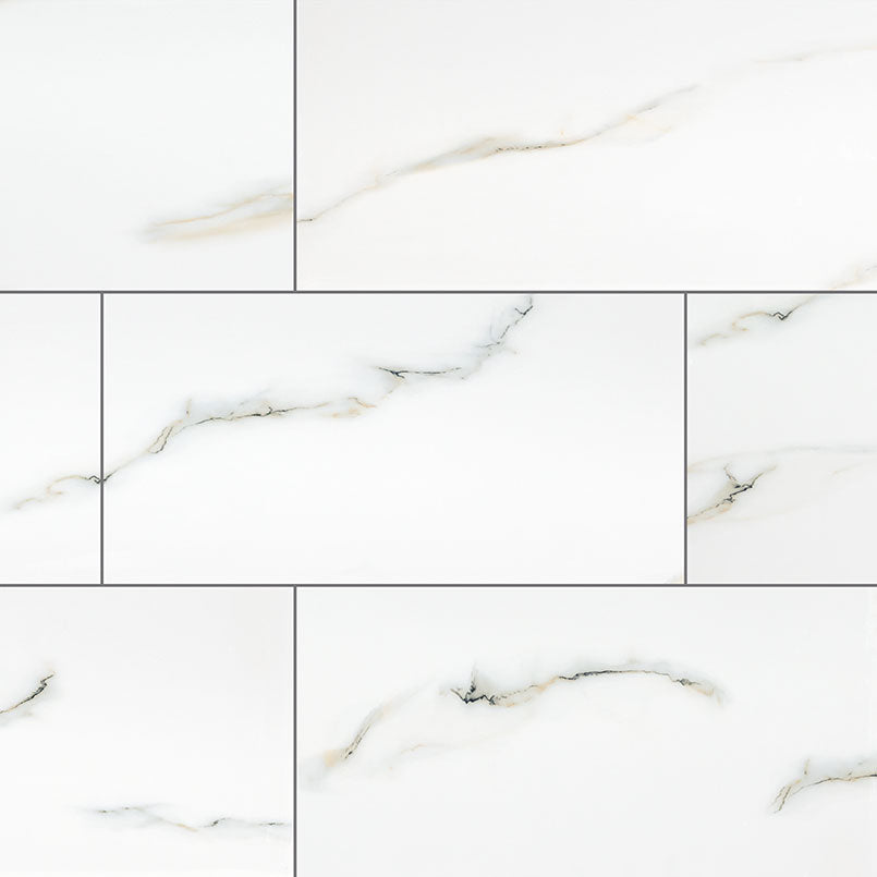 Flat lay of Praia Bianca 24x48 porcelain tile in polished finish, showcasing white base with soft gray marble veining